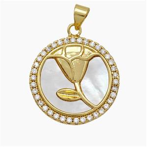 Copper Flower Pendant Micropave Zirconia Shell 18K Gold Plated, approx 21mm