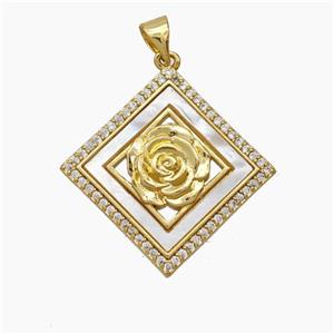 Copper Flower Pendant Micropave Zirconia Shell 18K Gold Plated, approx 26mm