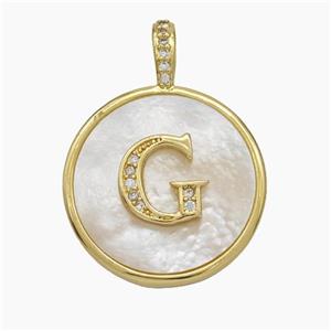 Copper Letter-G Pendant Pave Shell Zirconia Circle Gold Plated, approx 24mm