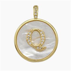 Copper Letter-Q Pendant Pave Shell Zirconia Circle Gold Plated, approx 24mm