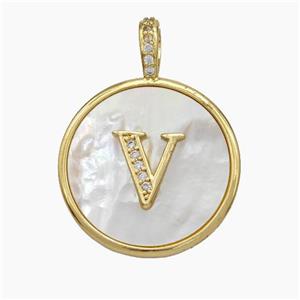 Copper Letter-V Pendant Pave Shell Zirconia Circle Gold Plated, approx 24mm