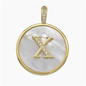 Copper Letter-X Pendant Pave Shell Zirconia Circle Gold Plated, approx 24mm