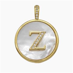 Copper Letter-Z Pendant Pave Shell Zirconia Circle Gold Plated, approx 24mm