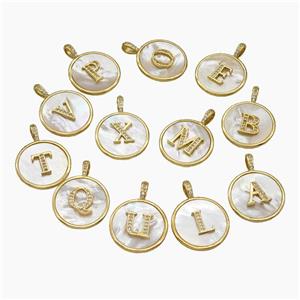 Copper Letter Pendant Pave Shell Zirconia Mix Alphabet Circle Gold Plated, approx 24mm