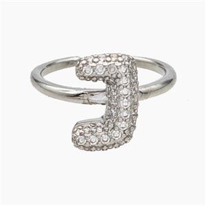 Copper Letter-J Rings Micropave Zirconia Platinum Plated, approx 9-14mm, 18mm dia