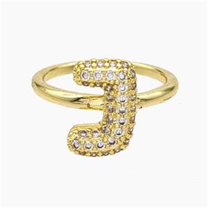 Copper Letter-J Rings Micropave Zirconia Gold Plated, approx 9-14mm, 18mm dia