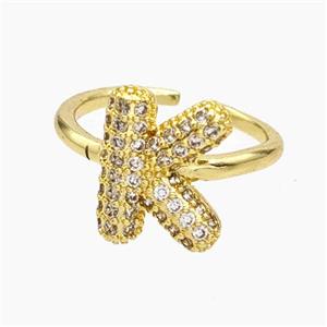 Copper Letter-K Rings Micropave Zirconia Gold Plated, approx 9-14mm, 18mm dia