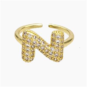 Copper Letter-N Rings Micropave Zirconia Gold Plated, approx 9-14mm, 18mm dia