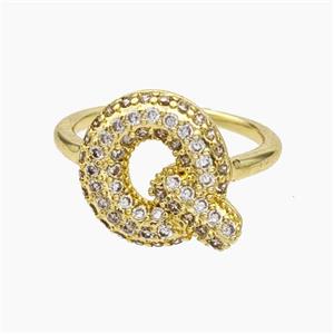 Copper Letter-Q Rings Micropave Zirconia Gold Plated, approx 9-14mm, 18mm dia