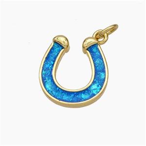 Copper Horseshoe Pendant Pave Blue Fire Opal 18K Gold Plated, approx 13.5-15mm