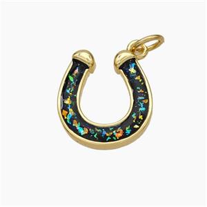 Copper Horseshoe Pendant Pave Black Fire Opal 18K Gold Plated, approx 13.5-15mm