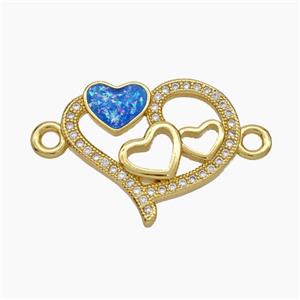 Copper Heart Connector Pave Zirconia Blue Fire Opal 18K Gold Plated, approx 18-22mm