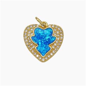 Copper Heart Pendant Pave Zirconia Blue Fire Opal 18K Gold Plated, approx 15mm