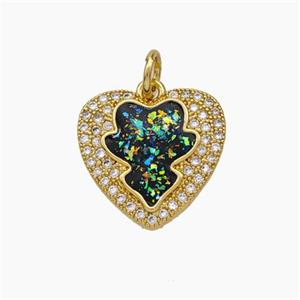 Copper Heart Pendant Pave Zirconia Black Fire Opal 18K Gold Plated, approx 15mm