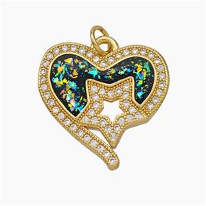 Copper Heart Pendant Pave Zirconia Black Fire Opal Star 18K Gold Plated, approx 20mm