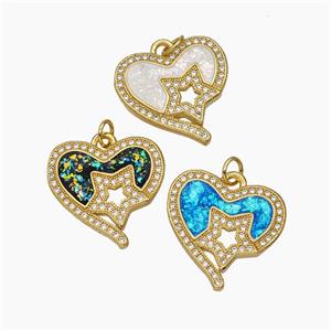 Copper Heart Pendant Pave Zirconia Fire Opal Star 18K Gold Plated Mixed, approx 20mm