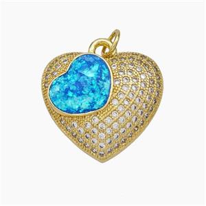 Copper Heart Pendant Pave Zirconia Blue Fire Opal 18K Gold Plated, approx 19mm