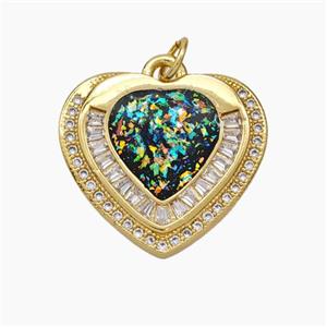 Copper Heart Pendant Pave Zirconia Rainbow Fire Opal 18K Gold Plated, approx 18.5-20mm