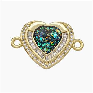 Copper Heart Connector Pave Zirconia Black Fire Opal 18K Gold Plated, approx 18.5-20mm