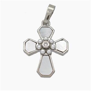 Copper Cross Pendant Pave Shell Pearlized Resin Platinum Plated, approx 15-17.5mm