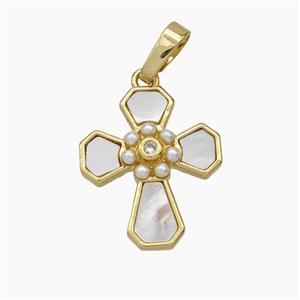 Copper Cross Pendant Pave Shell Pearlized Resin Gold Plated, approx 15-17.5mm