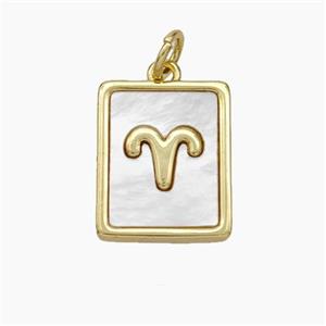 Copper Rectangle Pendant Pave Shell Zodiac Aries 18K Gold Plated, approx 12-15mm