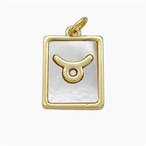 Copper Rectangle Pendant Pave Shell Zodiac Taurus 18K Gold Plated, approx 12-15mm