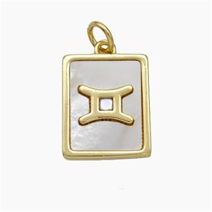 Copper Rectangle Pendant Pave Shell Zodiac Gemini 18K Gold Plated, approx 12-15mm