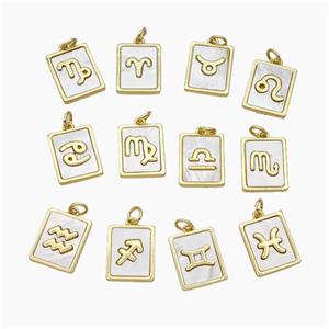 Copper Rectangle Pendant Pave Shell Zodiac 18K Gold Plated Mixed, approx 12-15mm