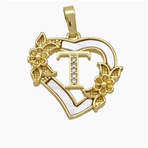 Copper Heart Pendant Pave Shell Zirconia Letter-T Flower 18K Gold Plated, approx 20mm