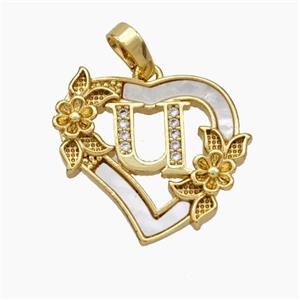 Copper Heart Pendant Pave Shell Zirconia Letter-U Flower 18K Gold Plated, approx 20mm