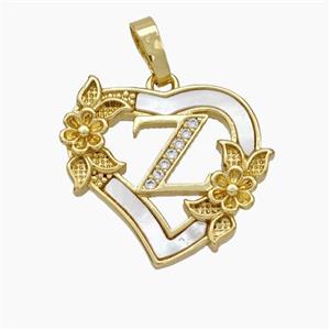 Copper Heart Pendant Pave Shell Zirconia Letter-X Flower 18K Gold Plated, approx 20mm