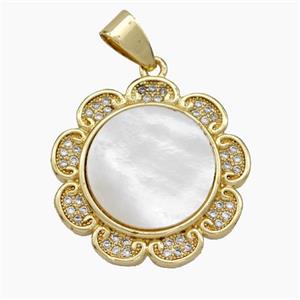 Copper Flower Pendant Pave Shell Zirconia 18K Gold Plated, approx 23mm