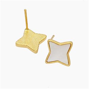 Copper Star Stud Earrings Pave Shell 18K Gold Plated, approx 13mm