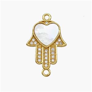 Copper Hand Connector Pave Shell Zirconia Heart 18K Gold Plated, approx 12.5-16mm