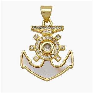 Copper Anchor Pendant Pave Shell Zirconia 18K Gold Plated, approx 18-20mm