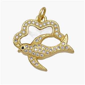 Copper Swallow Pendant Pave Shell Zirconia Birds 18K Gold Plated, approx 17-20mm