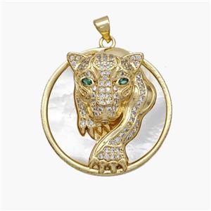 Copper Leopard Pendant Pave Shell Zirconia 18K Gold Plated, approx 30mm