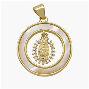 Copper Jesus Pendant Pave Shell Zirconia Circle 18K Gold Plated, approx 21mm