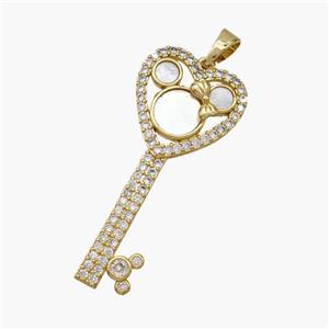 Copper Key Pendant Pave Shell Zirconia 18K Gold Plated, approx 20-45mm