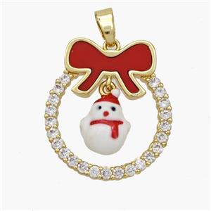 Christmas Snowman Copper Bow Pendant Pave Shell Zirconia Painted 18K Gold Plated, approx 8-10mm, 22-25mm