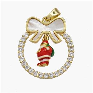 Christmas Santa Claus Copper Bow Pendant Pave Shell Zirconia Enamel 18K Gold Plated, approx 8-10mm, 22-25mm