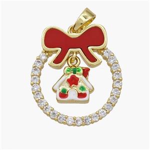 Christmas House Copper Bow Pendant Pave Shell Zirconia Painted 18K Gold Plated, approx 10mm, 22-25mm