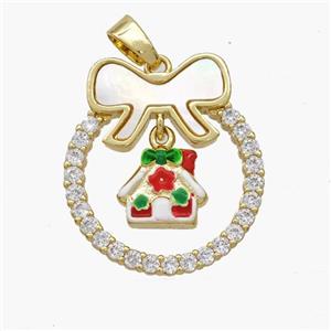 Christmas House Copper Bow Pendant Pave Shell Zirconia Painted 18K Gold Plated, approx 10mm, 22-25mm