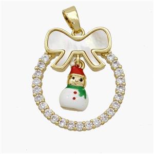 Christmas Snowman Copper Bow Pendant Pave Shell Zirconia Painted 18K Gold Plated, approx 8-10mm, 22-25mm