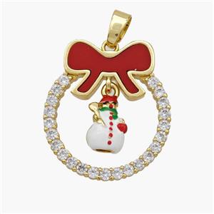 Christmas Snowman Copper Bow Pendant Pave Shell Zirconia Enamel 18K Gold Plated, approx 8-10mm, 22-25mm