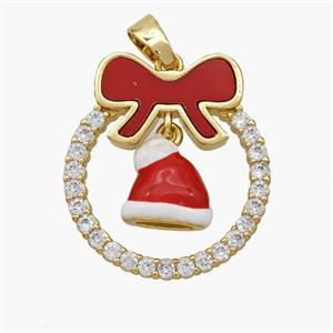 Christmas Hat Copper Bow Pendant Pave Shell Zirconia Enamel 18K Gold Plated, approx 10-11mm, 22-25mm