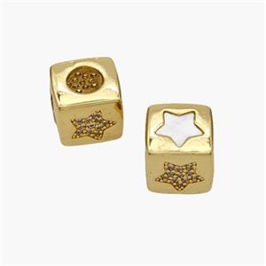 Copper Cube Beads Pave Shell Zirconia Star Large Hole 18K Gold Plated, approx 10mm, 5mm hole