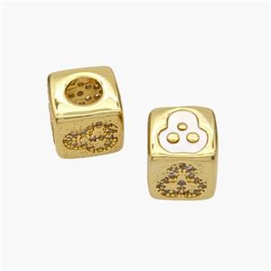 Copper Cube Beads Pave Shell Zirconia Clover Large Hole 18K Gold Plated, approx 10mm, 5mm hole