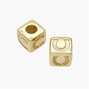 Copper Cube Beads Pave Shell Zirconia Horseshoe Large Hole 18K Gold Plated, approx 10mm, 5mm hole